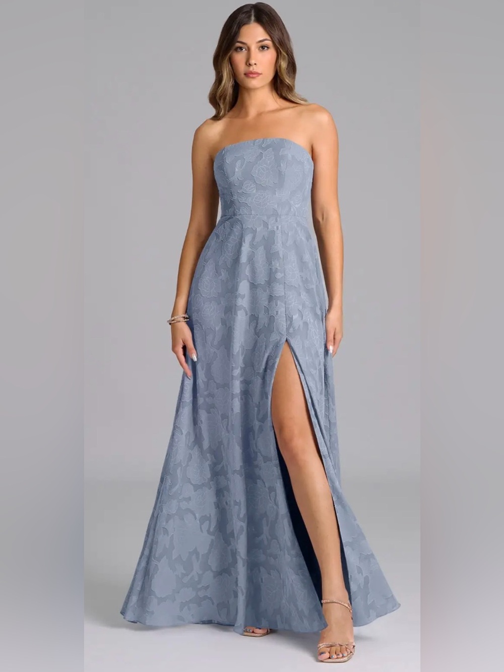 Azazie Wren Dusty Blue A-Line Strapless Floral Burnout Dress Size A0 NWT